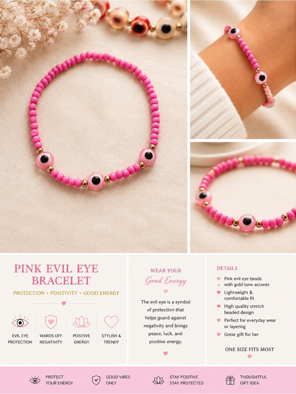 Pink Evil Eye Beaded Bracelet